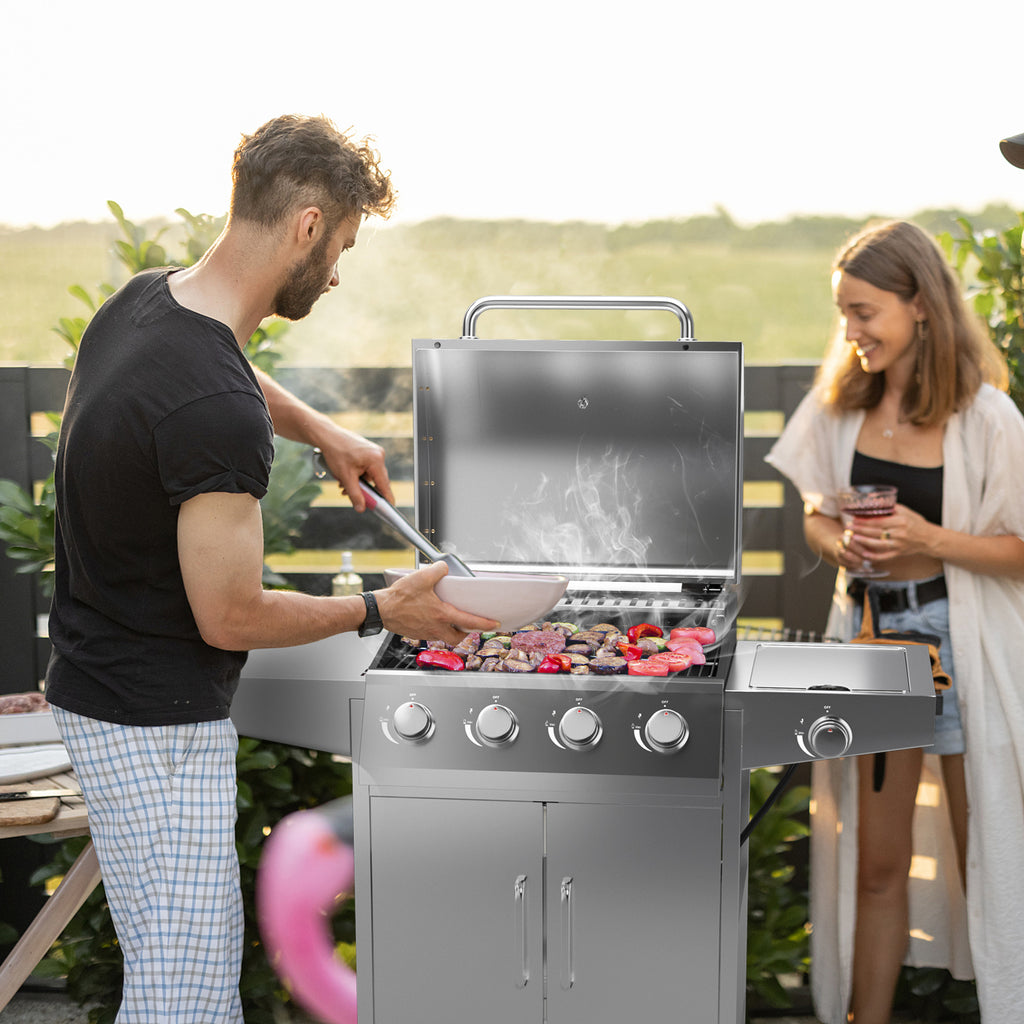 5-Burner Propane Gas Grill with Side Burner & Prep Tables - Silver
