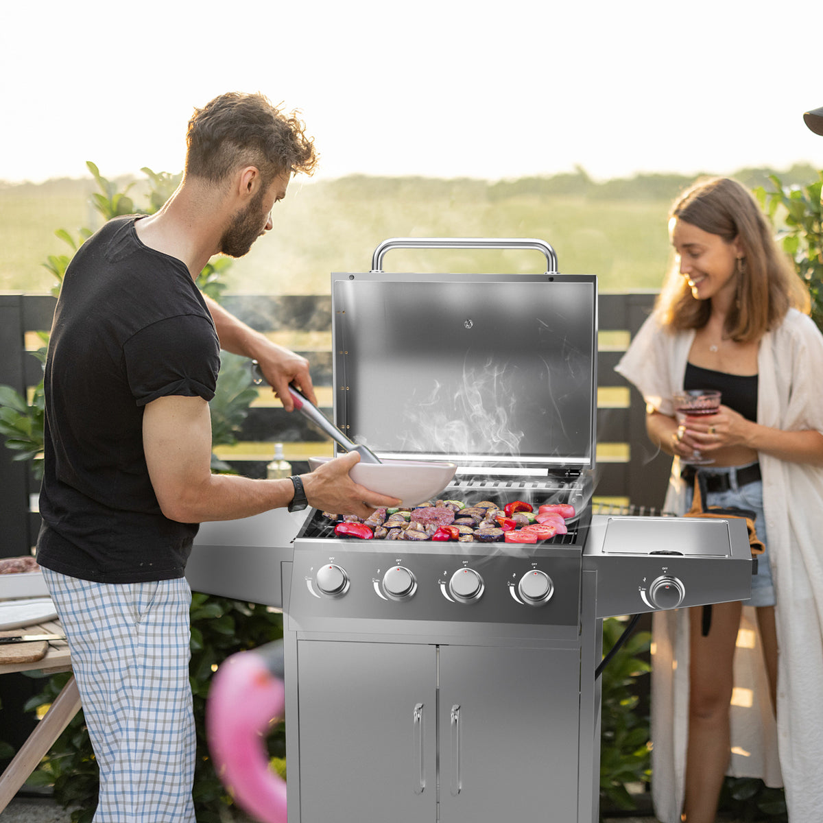 5-Burner Propane Gas Grill with Side Burner & Prep Tables - Silver