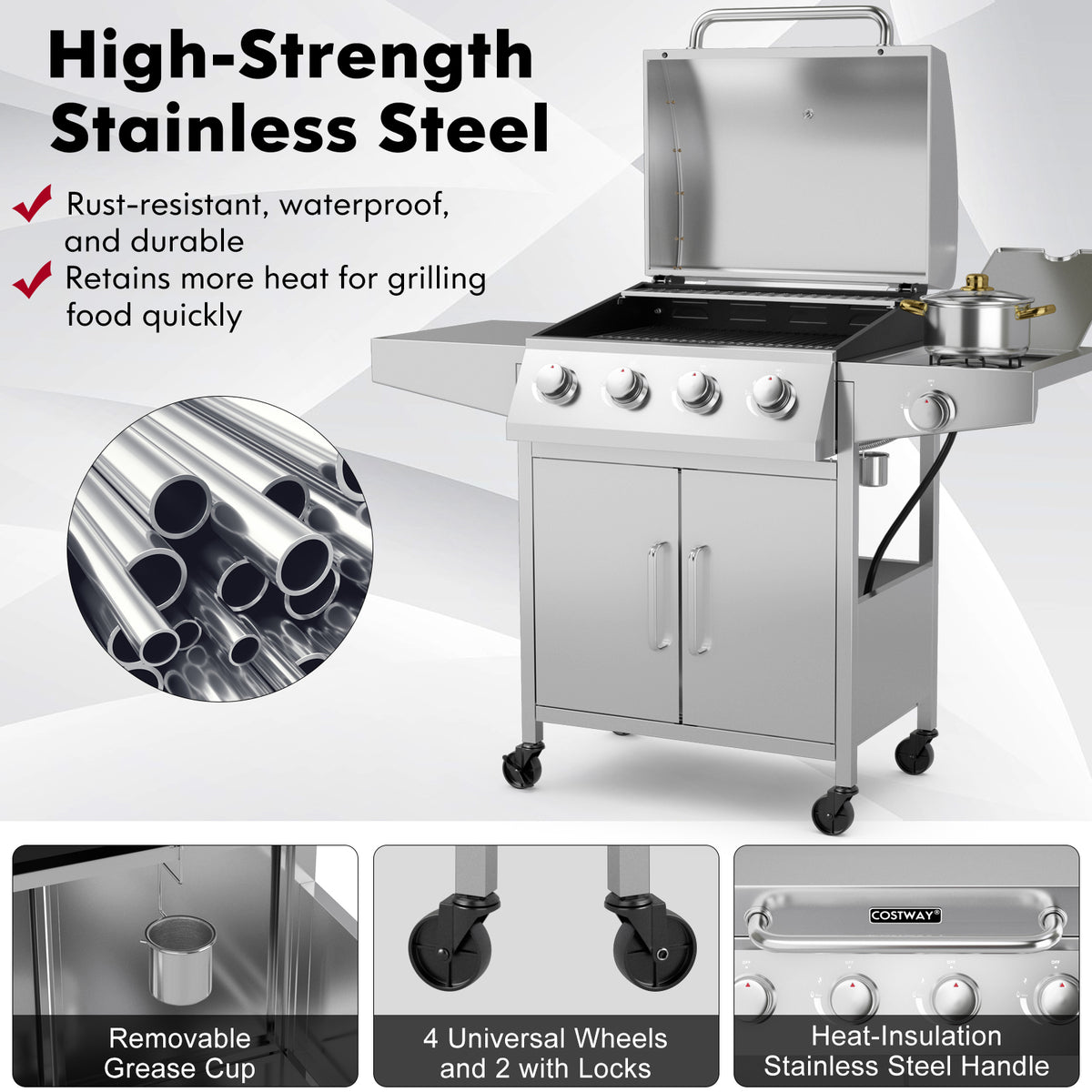 5-Burner Propane Gas Grill with Side Burner & Prep Tables - Silver