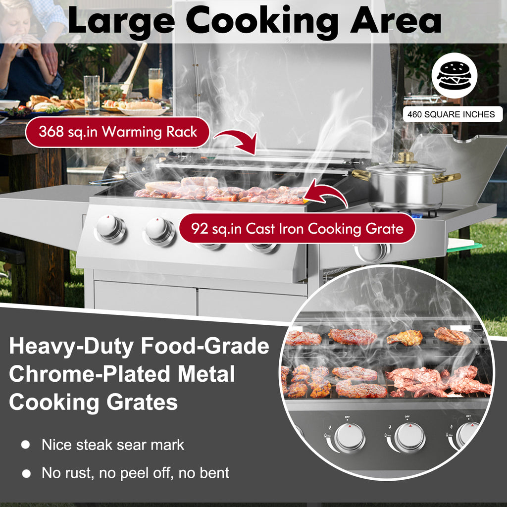 5-Burner Propane Gas Grill with Side Burner & Prep Tables - Silver