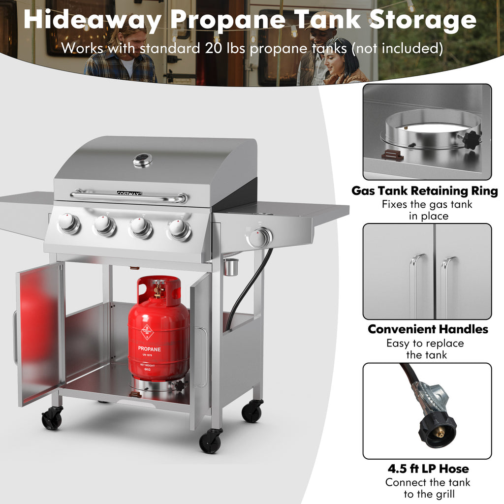 5-Burner Propane Gas Grill with Side Burner & Prep Tables - Silver