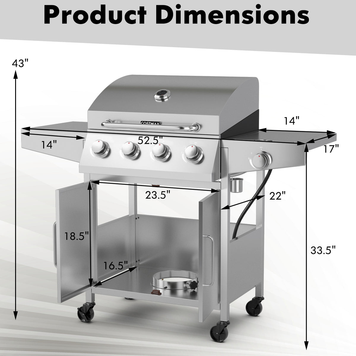 5-Burner Propane Gas Grill with Side Burner & Prep Tables - Silver