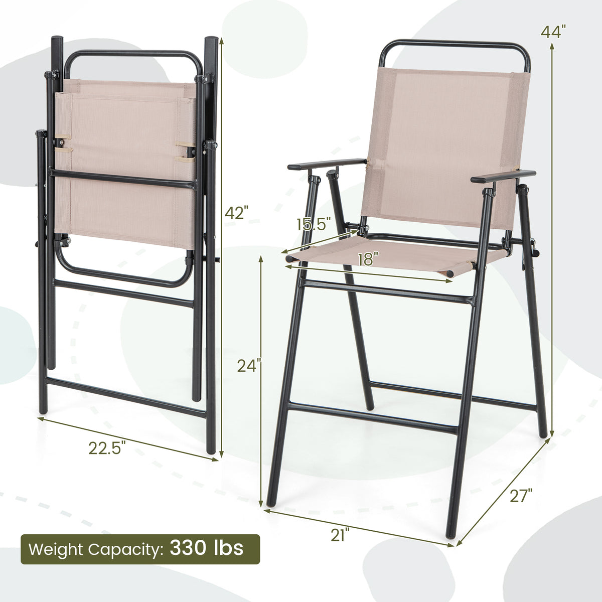 2 Patio Bar-Height Folding Chairs with Armrests - Beige