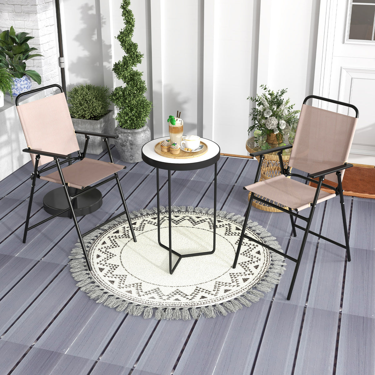 2 Patio Bar-Height Folding Chairs with Armrests - Beige