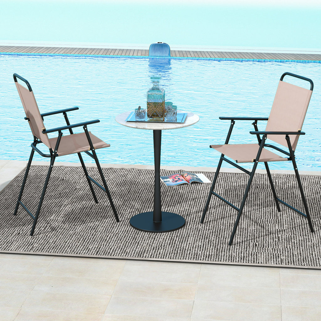 2 Patio Bar-Height Folding Chairs with Armrests - Beige