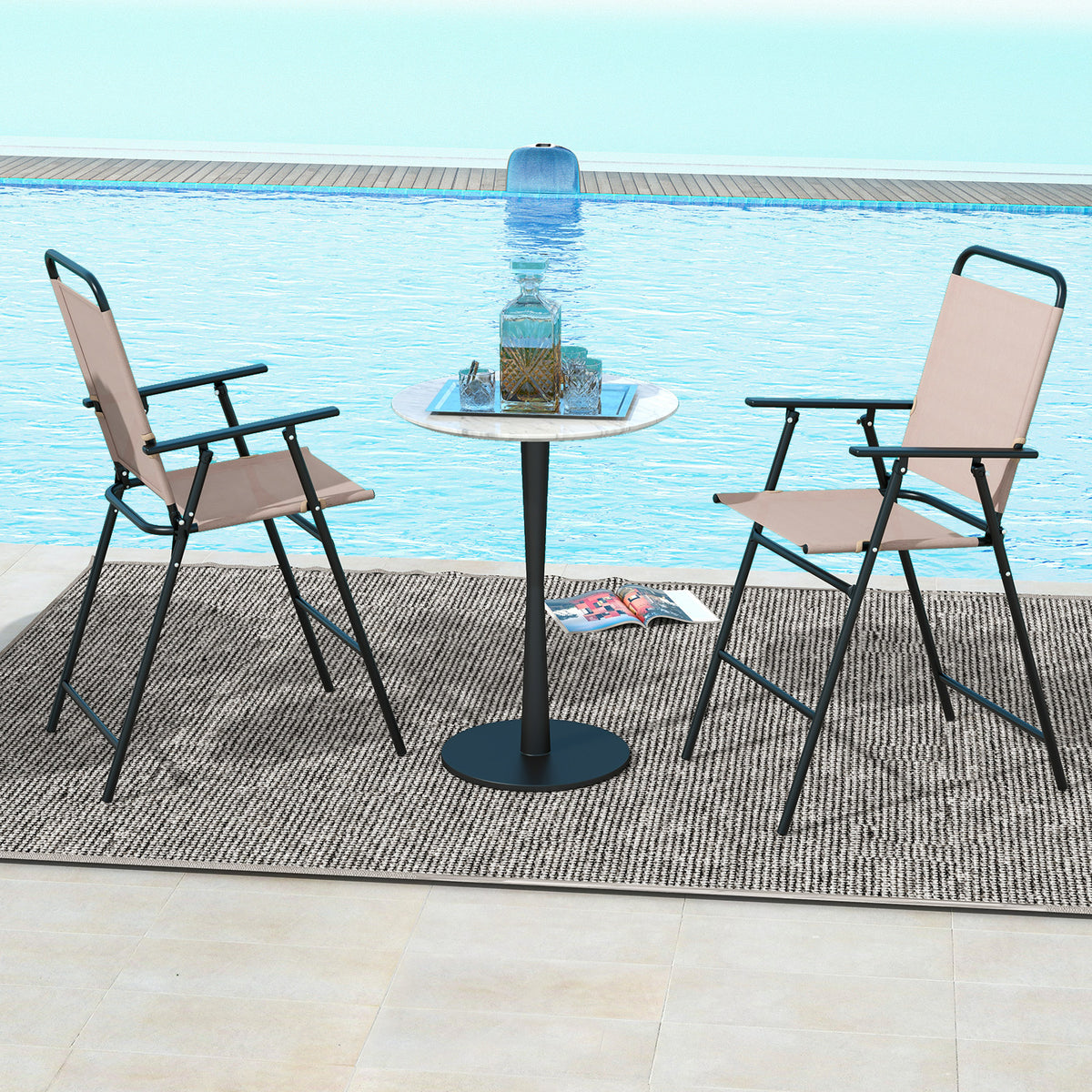 2 Patio Bar-Height Folding Chairs with Armrests - Beige