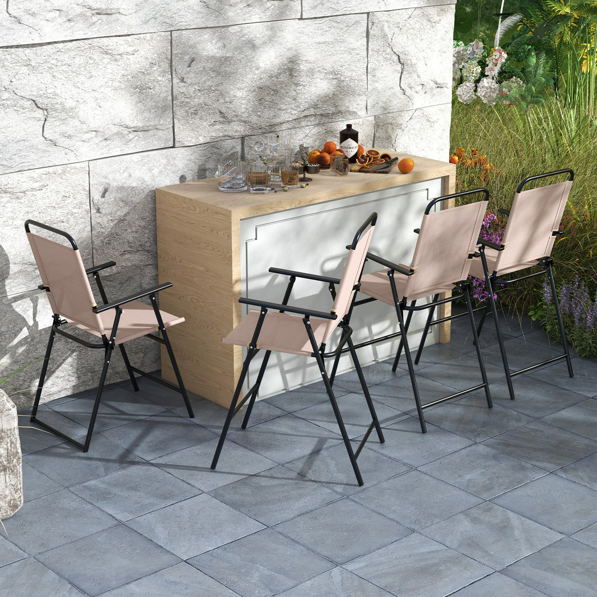 2 Patio Bar-Height Folding Chairs with Armrests - Beige