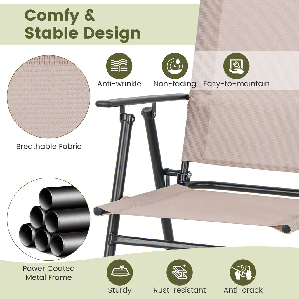 2 Patio Bar-Height Folding Chairs with Armrests - Beige