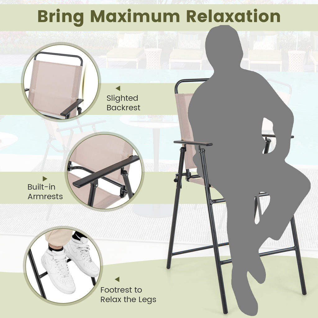 Set of 2 Patio Folding Bar-Height Chairs with Armrests and