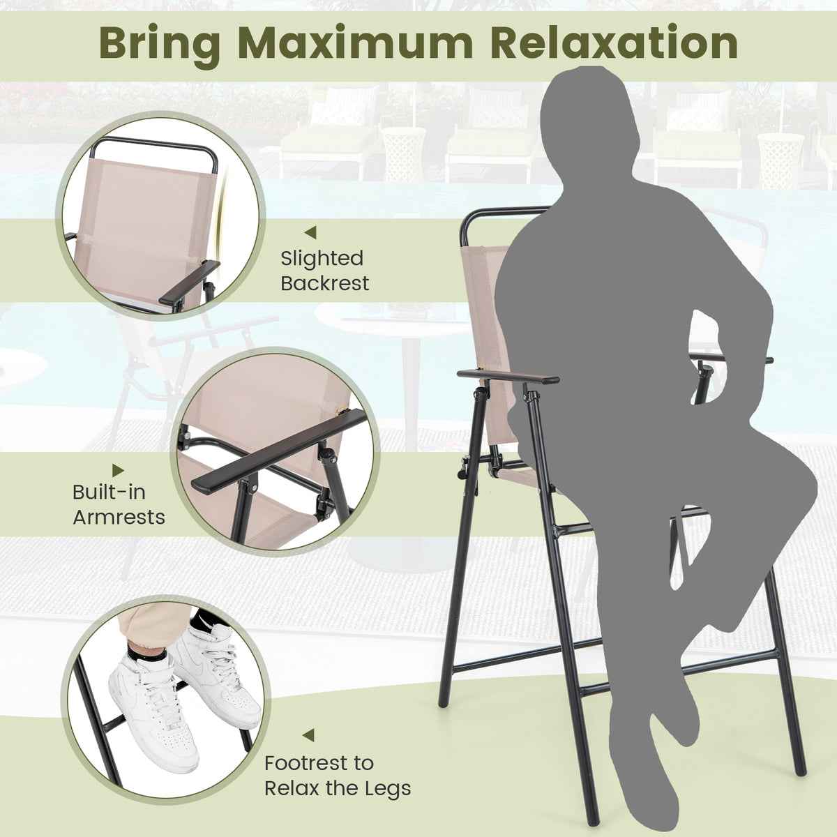 Set of 2 Patio Folding Bar-Height Chairs with Armrests and