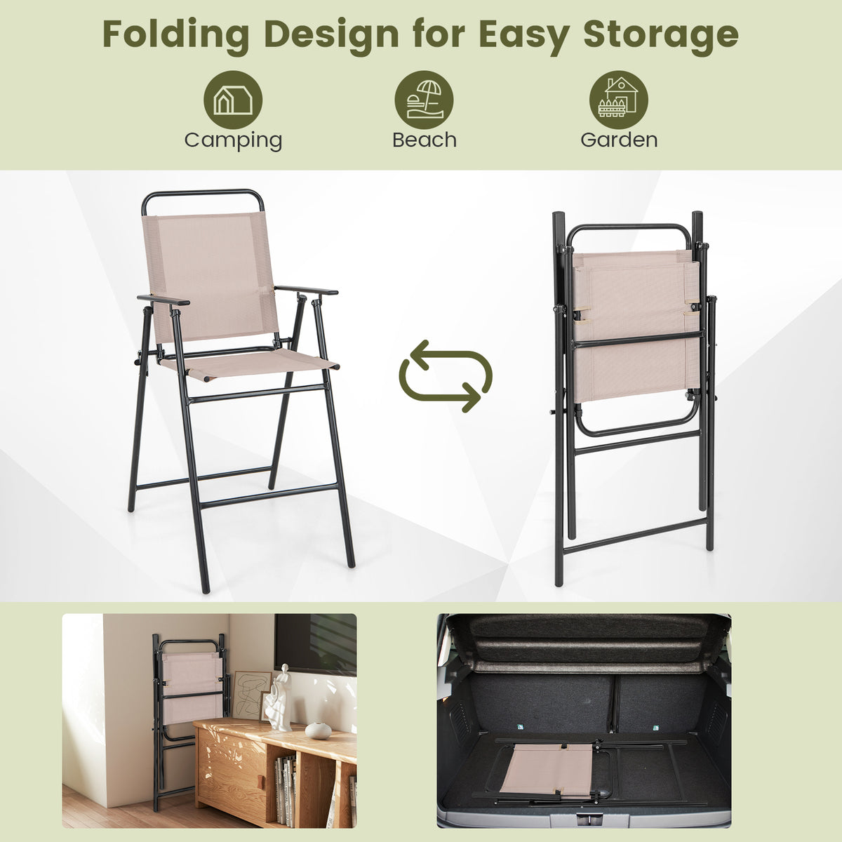 Set of 2 Patio Folding Bar-Height Chairs with Armrests and