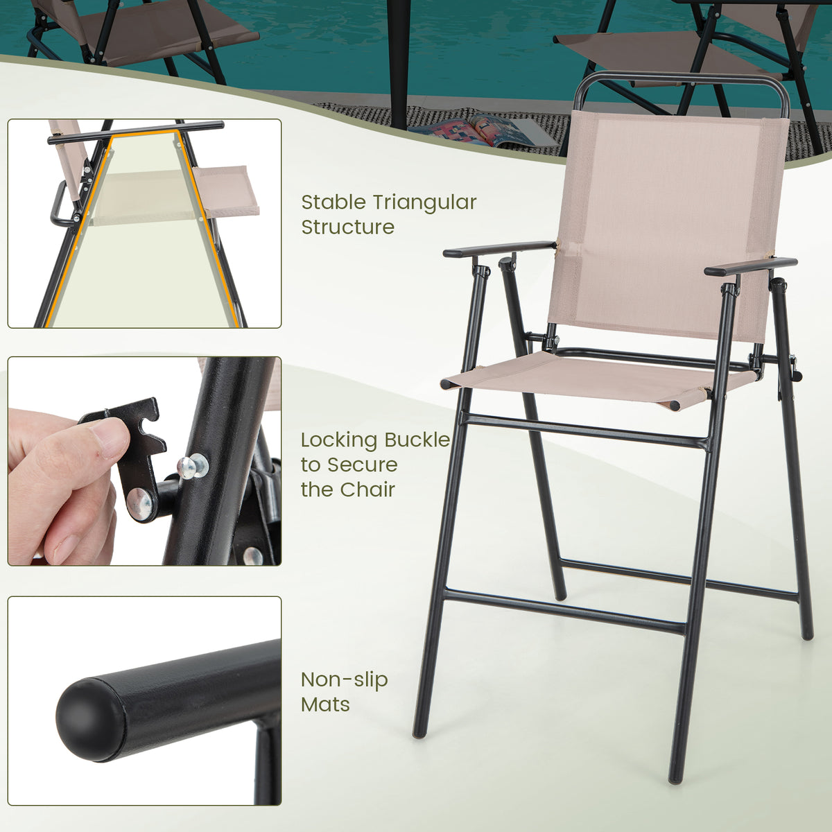 Set of 2 Patio Folding Bar-Height Chairs with Armrests and