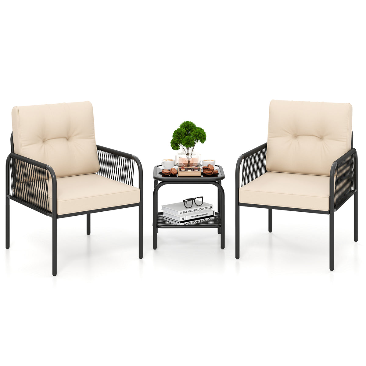 3-Piece Patio Bistro Wicker Conversation Set - Beige