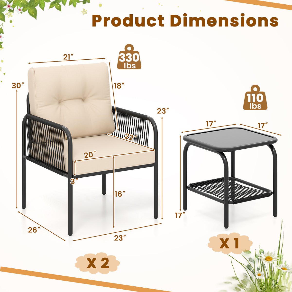 3-Piece Patio Bistro Wicker Conversation Set - Beige