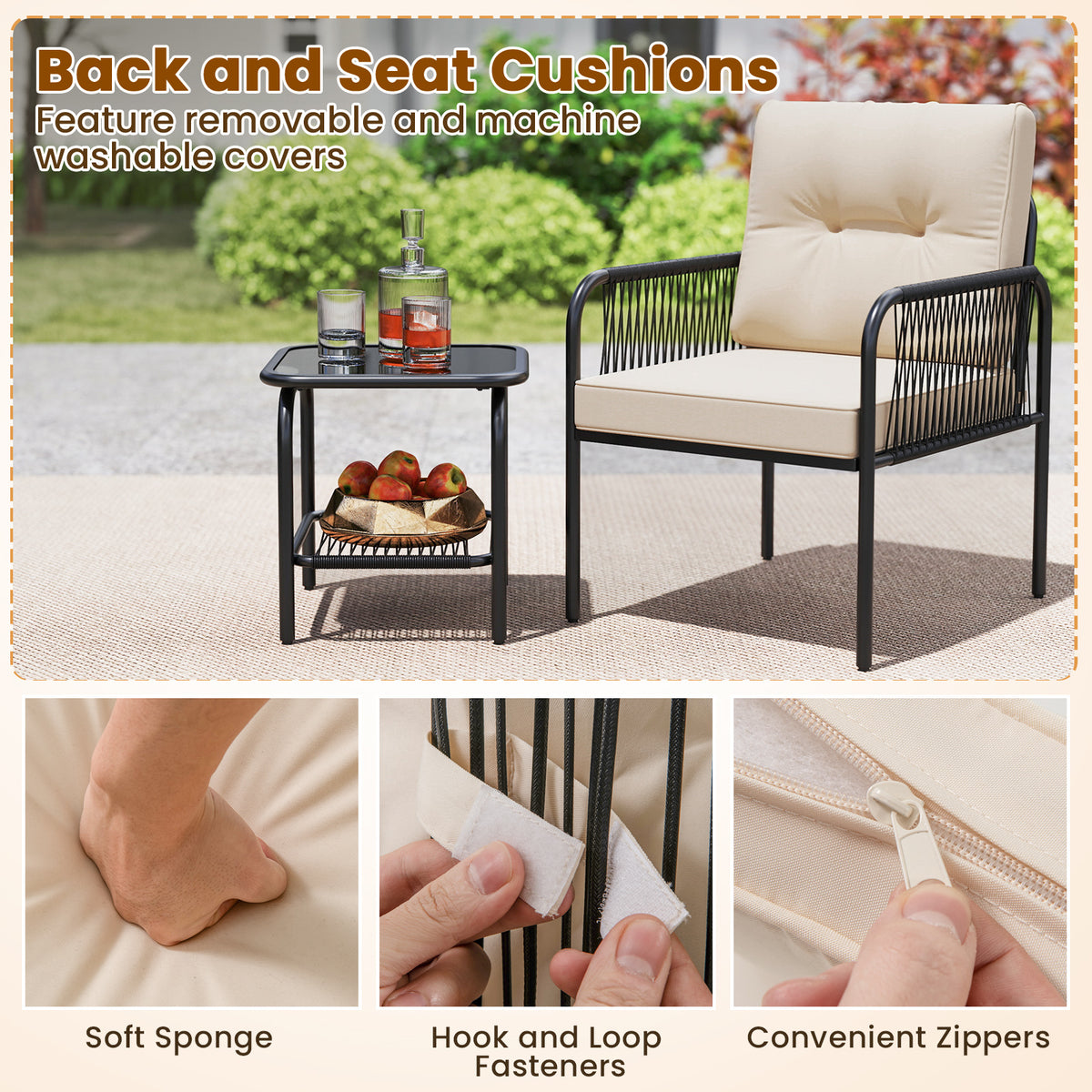 3-Piece Patio Bistro Wicker Conversation Set - Beige