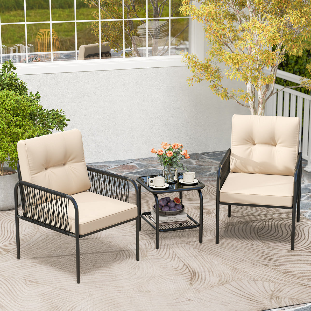 3-Piece Patio Bistro Wicker Conversation Set - Beige