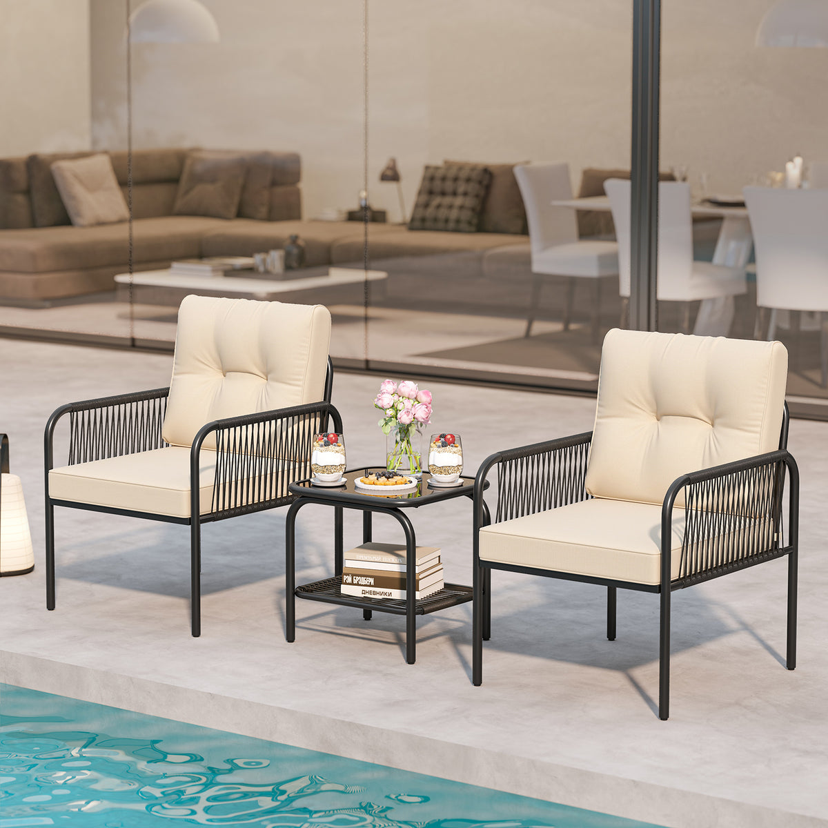 3-Piece Patio Bistro Wicker Conversation Set - Beige
