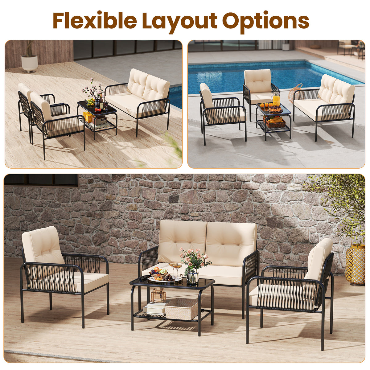 4 Pieces Patio Furniture Set PE Rattan Sofa Chairs with Loveseat