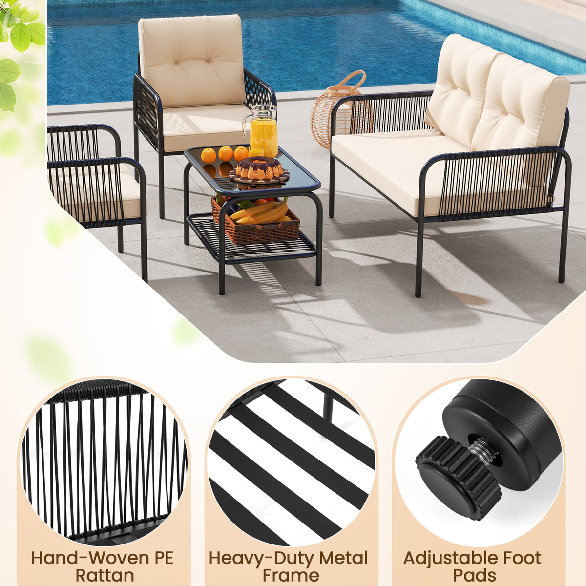 4 Pieces Patio Furniture Set PE Rattan Sofa Chairs with Loveseat