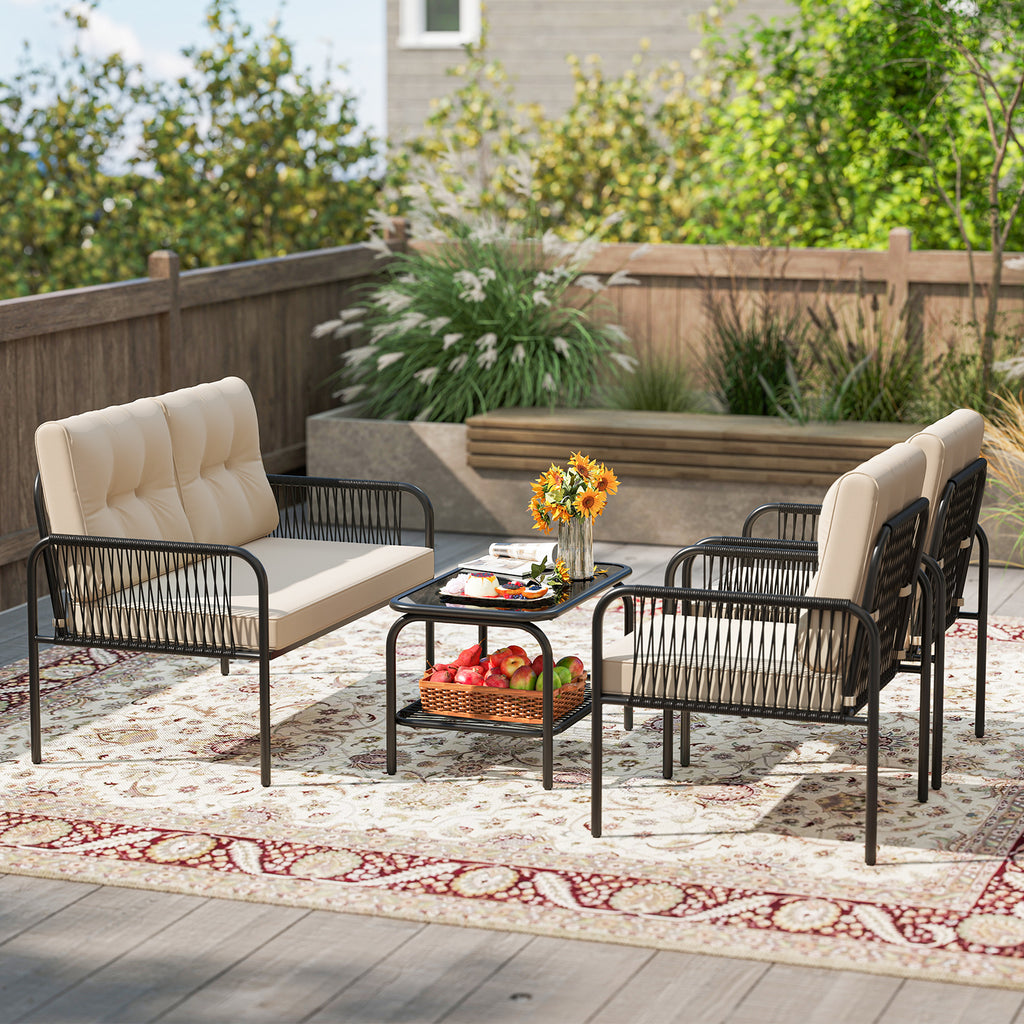 4 Pieces Patio Furniture Set PE Rattan Sofa Chairs with Loveseat