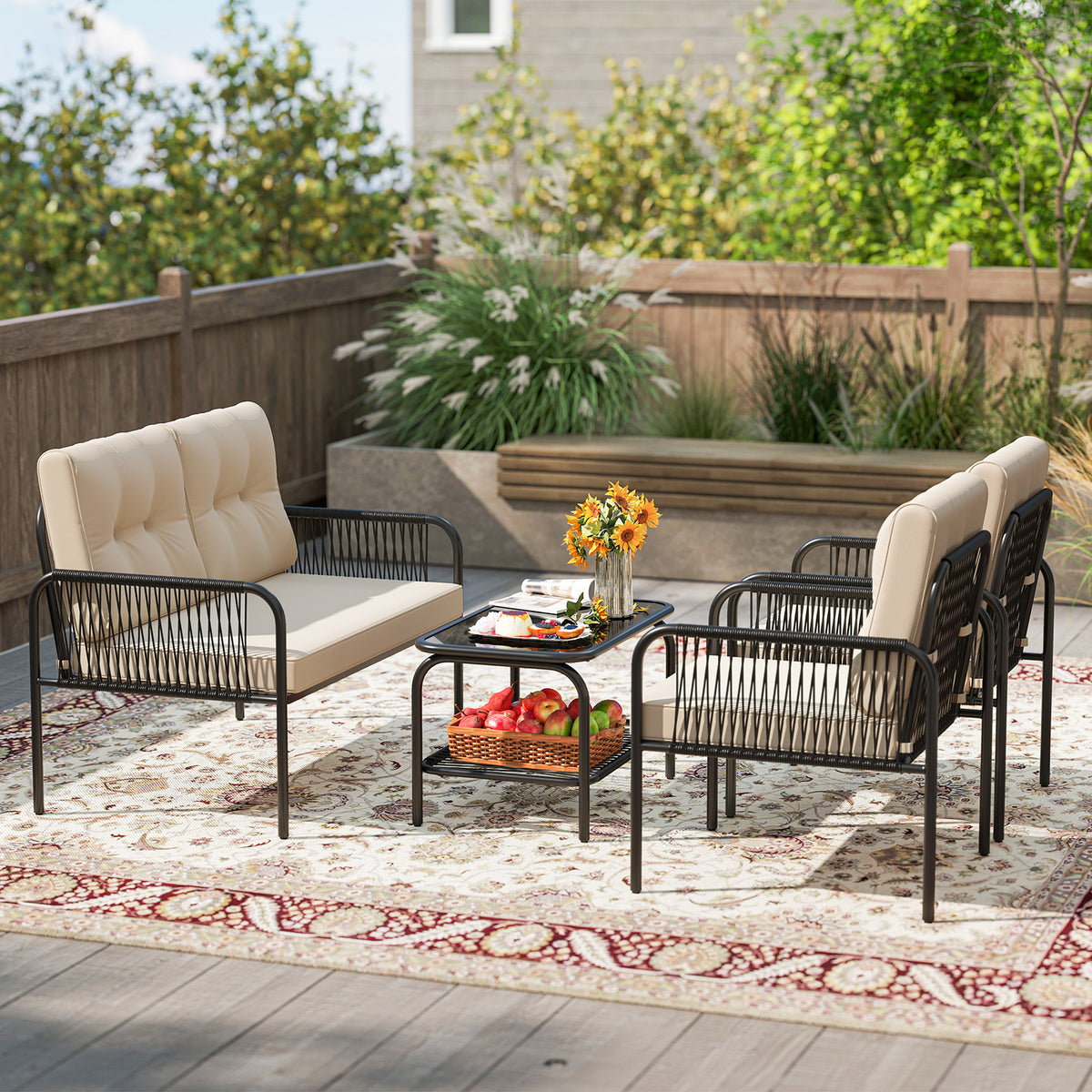 4 Pieces Patio Furniture Set PE Rattan Sofa Chairs with Loveseat