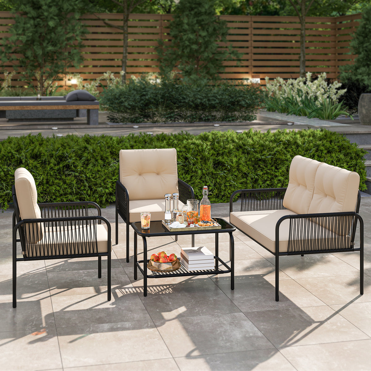 4 Pieces Patio Furniture Set PE Rattan Sofa Chairs with Loveseat