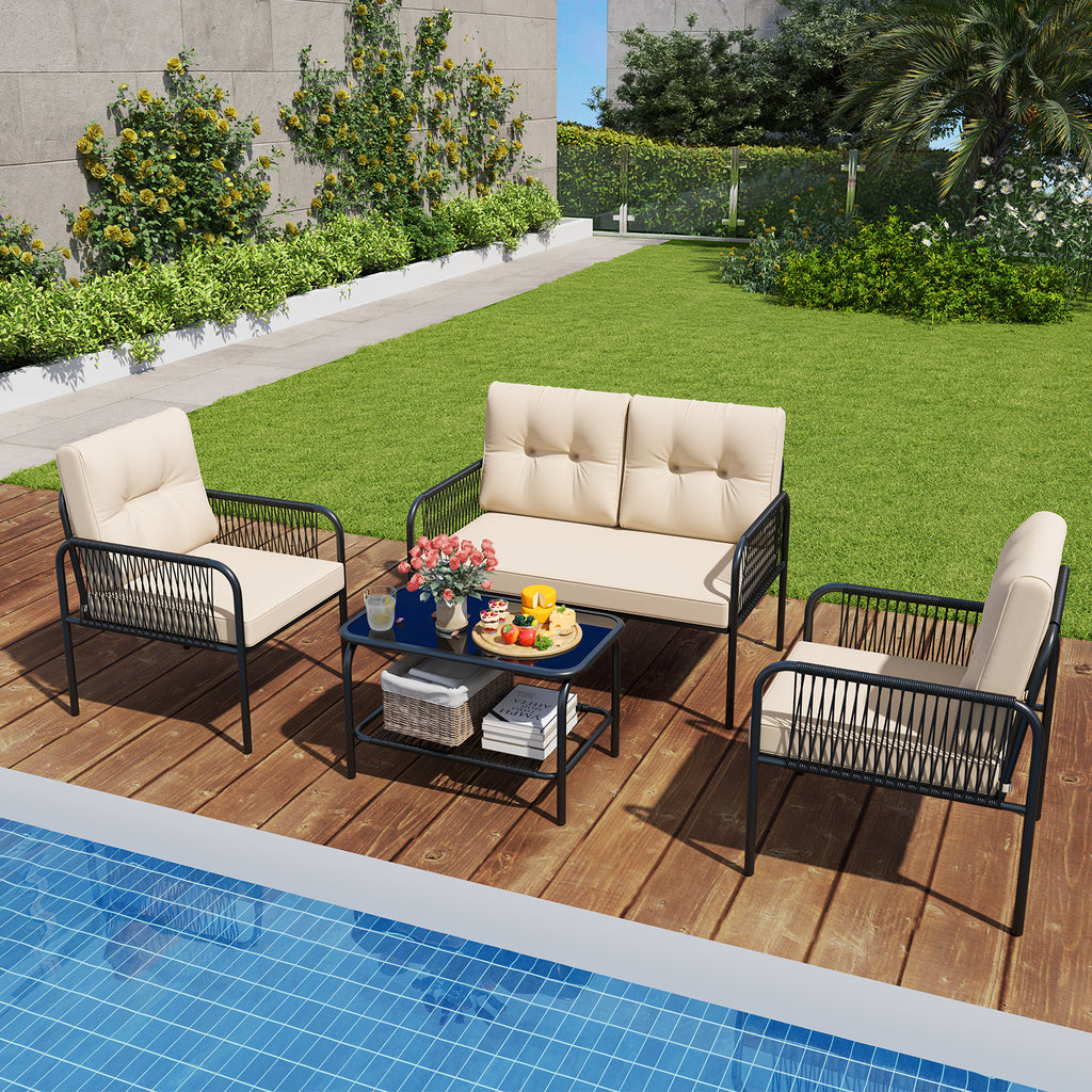 4 Pieces Patio Furniture Set PE Rattan Sofa Chairs with Loveseat