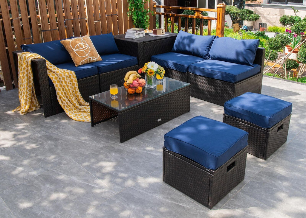 8-Piece Patio Rattan Furniture Set with Storage Box & Waterproof Cover - Brown, Navy