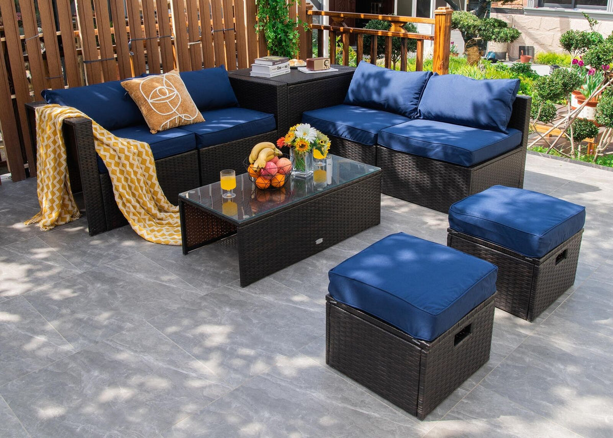 8-Piece Patio Rattan Furniture Set with Storage Box & Waterproof Cover - Brown, Navy