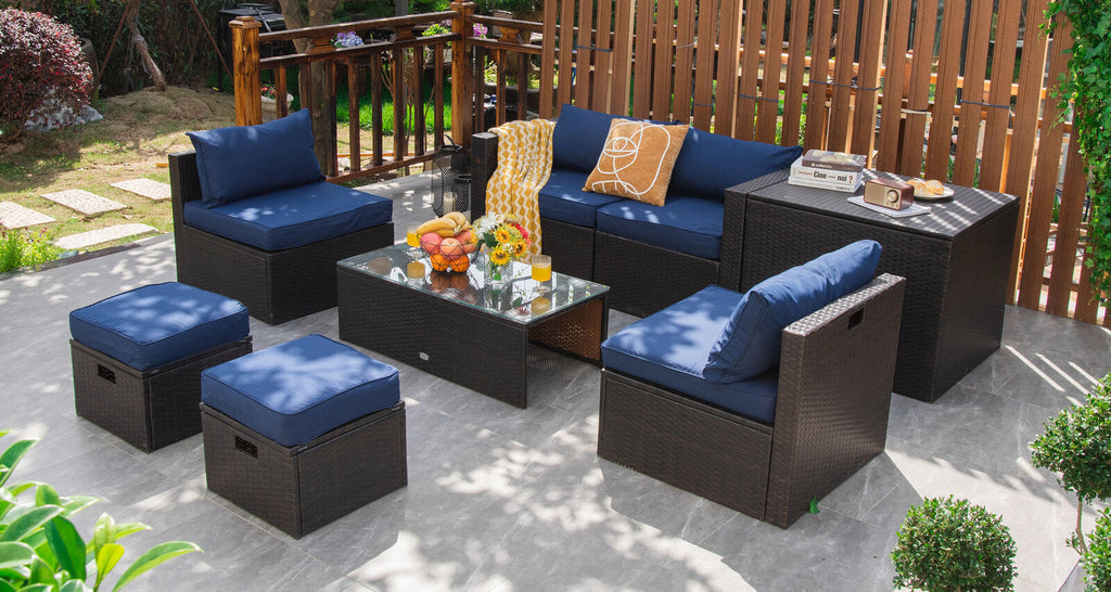 8-Piece Patio Rattan Furniture Set with Storage Box & Waterproof Cover - Brown, Navy