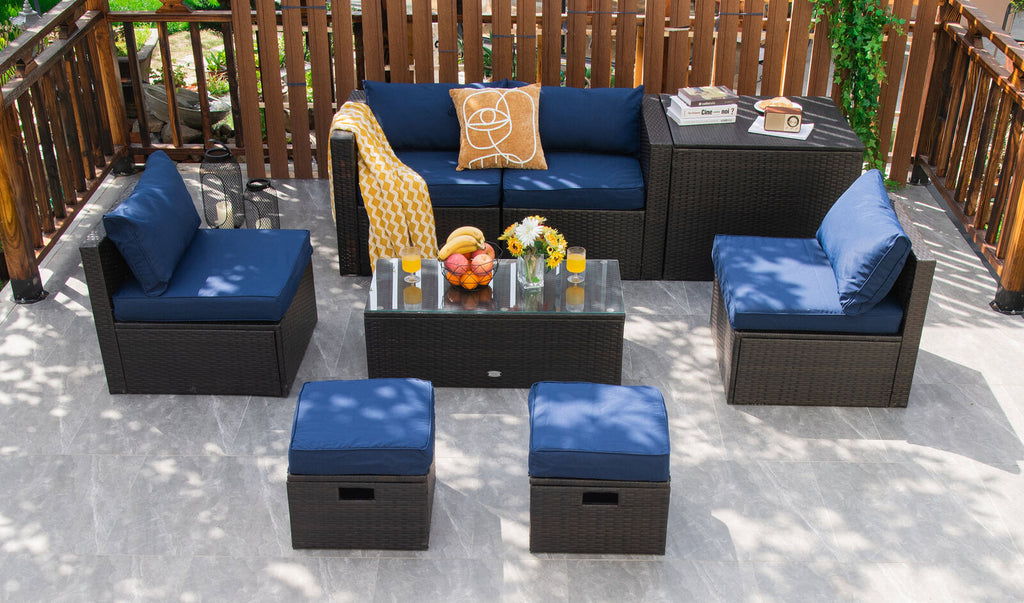 8-Piece Patio Rattan Furniture Set with Storage Box & Waterproof Cover - Brown, Navy