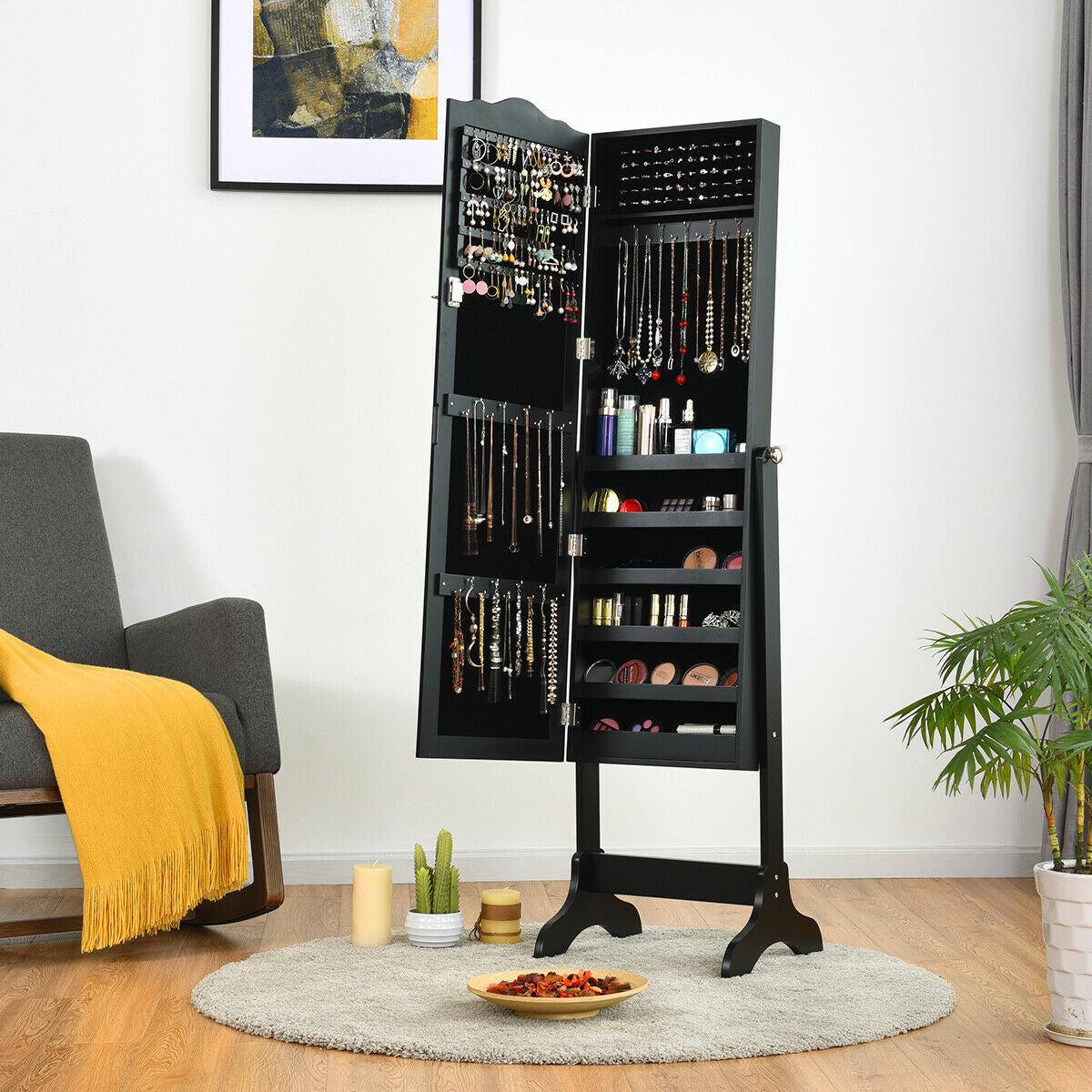 4-Angle Tilting Jewelry Cabinet with Mirror and Lock, White