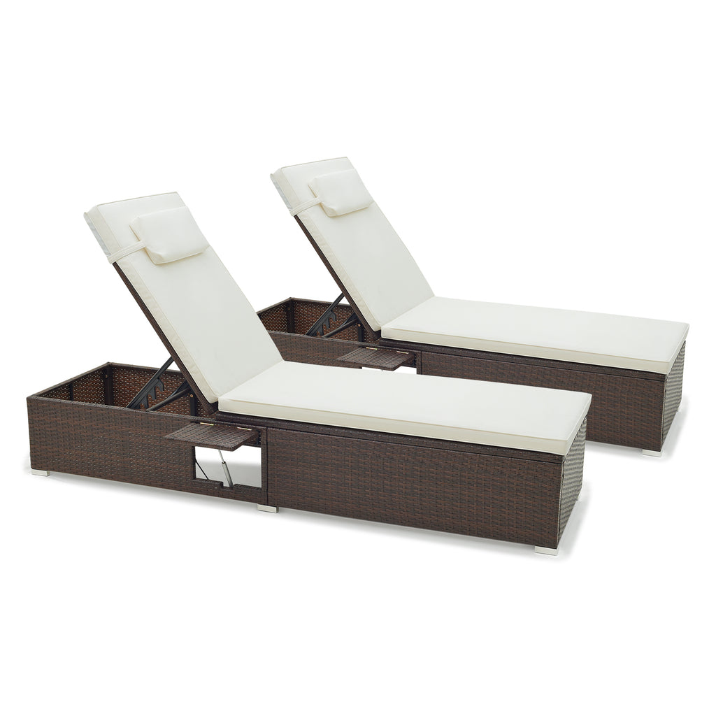 PE Rattan Chaise Lounge Set of 2 with 6-Position Adjustable Backrest