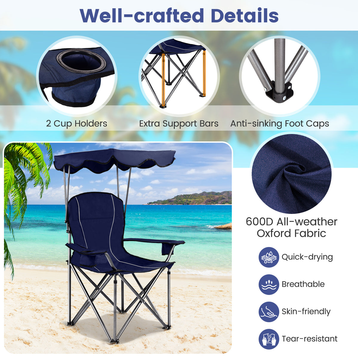 Portable Folding Beach Canopy Chair with Cup Holders - Blue
