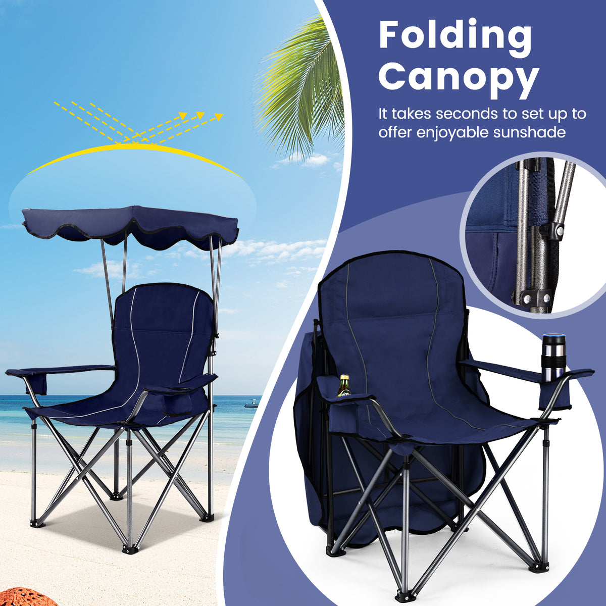 Portable Folding Beach Canopy Chair with Cup Holders - Blue