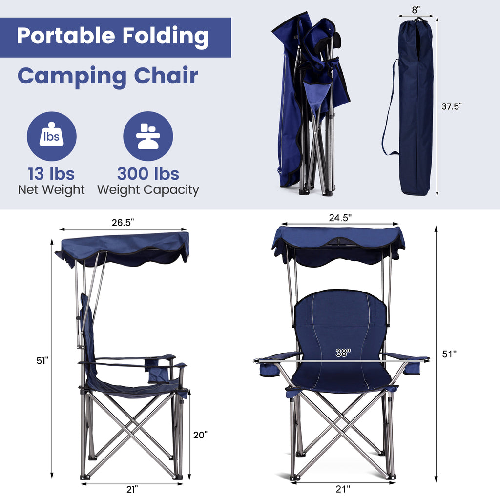 Portable Folding Beach Canopy Chair with Cup Holders - Blue