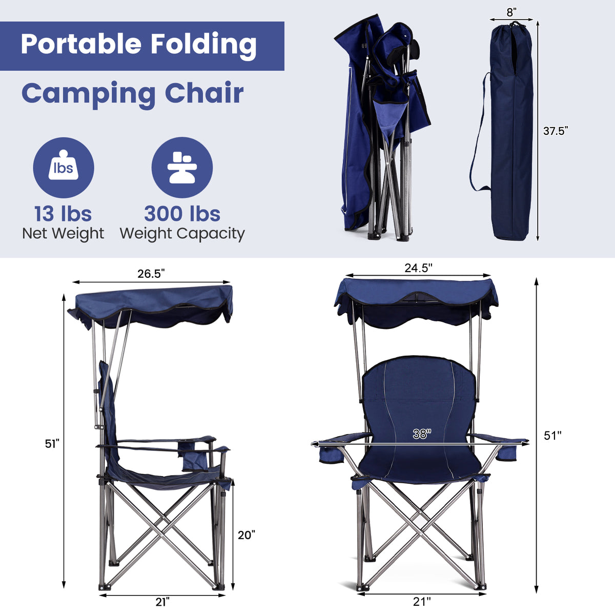 Portable Folding Beach Canopy Chair with Cup Holders - Blue