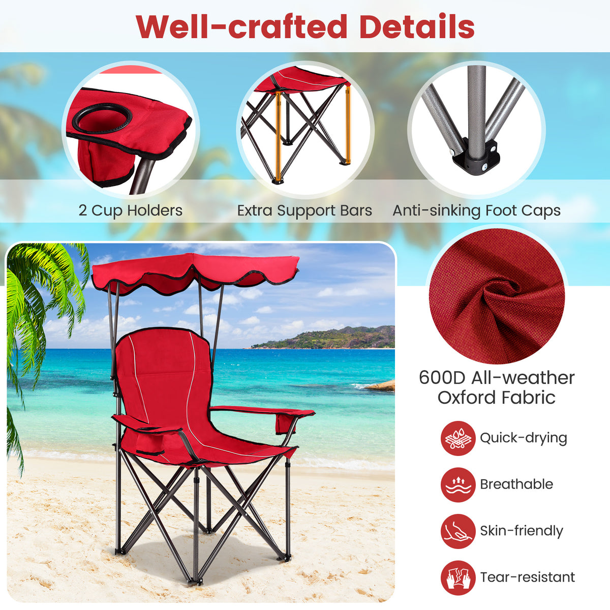 Portable Folding Beach Canopy Chair with Cup Holders