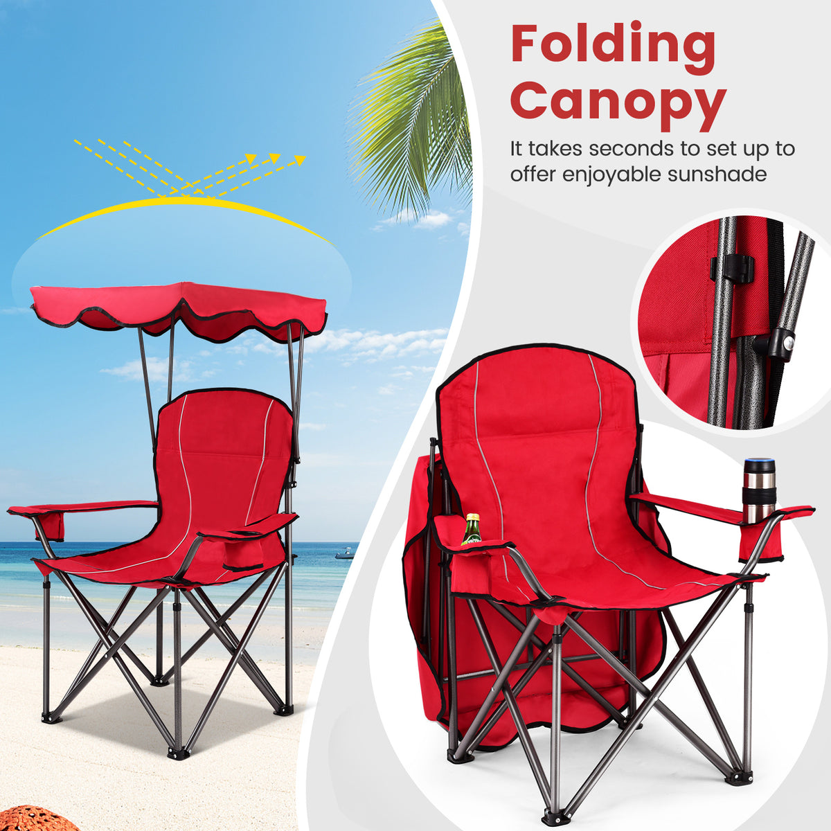 Portable Folding Beach Canopy Chair with Cup Holders - Red