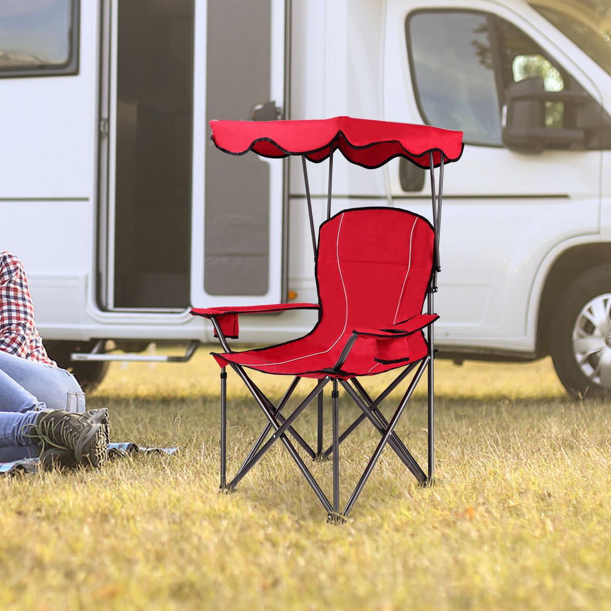 Portable Folding Beach Canopy Chair with Cup Holders - Red