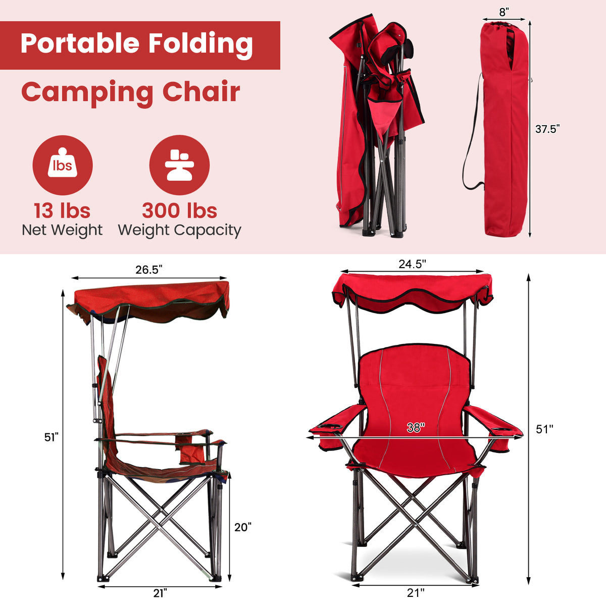 Portable Folding Beach Canopy Chair with Cup Holders - Red