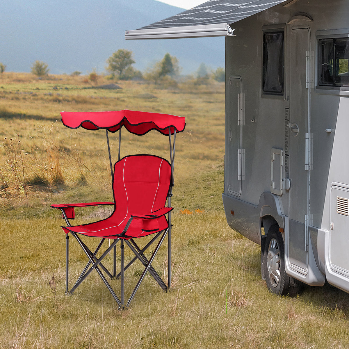 Portable Folding Beach Canopy Chair with Cup Holders - Red