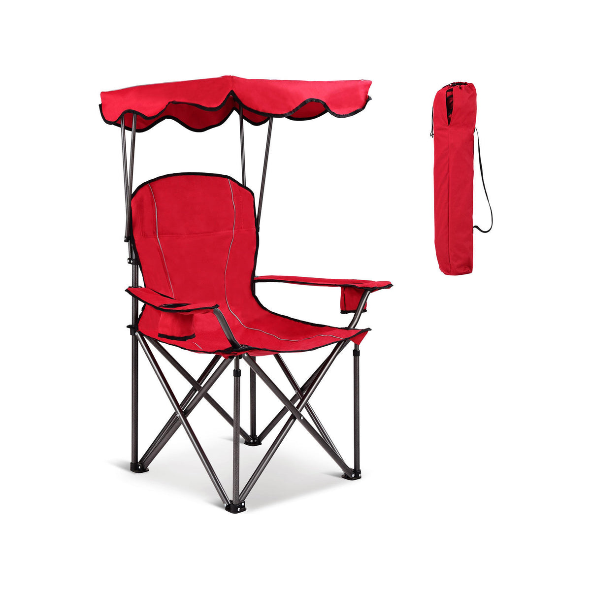 Portable Folding Beach Canopy Chair with Cup Holders - Red