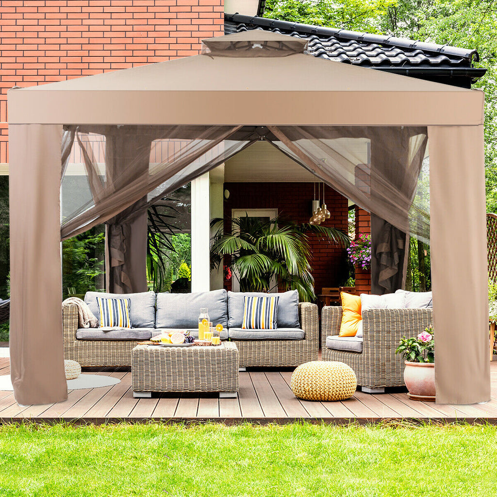 10 x 10 Patio Gazebo with Mesh Netting & Double Roof – Yellow
