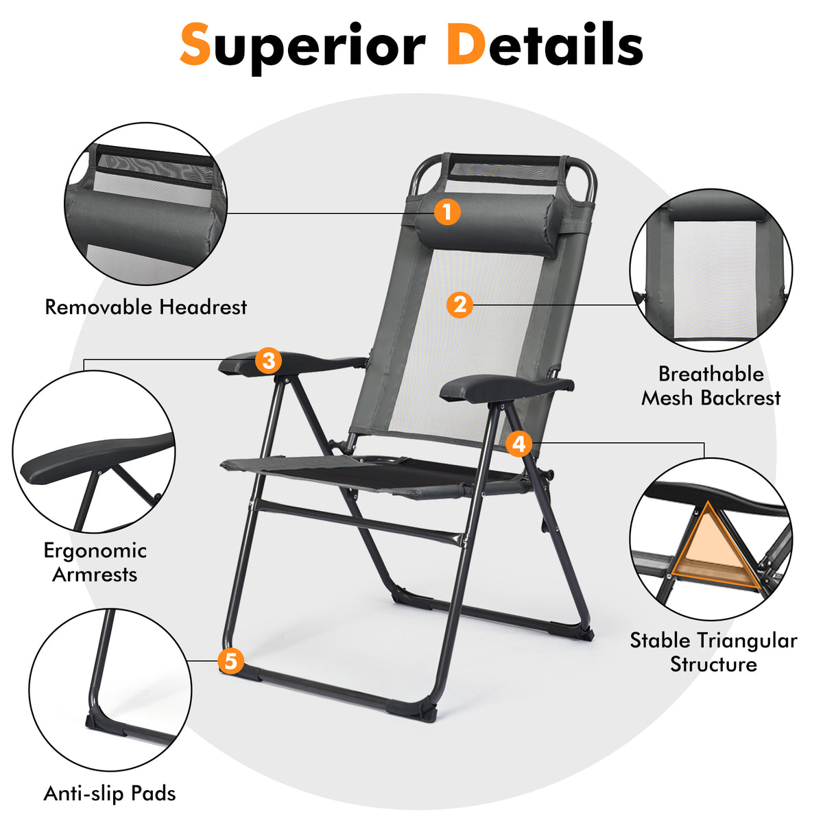 2 Pieces Patio Adjustable Folding Recliner Chairs with 7 Level