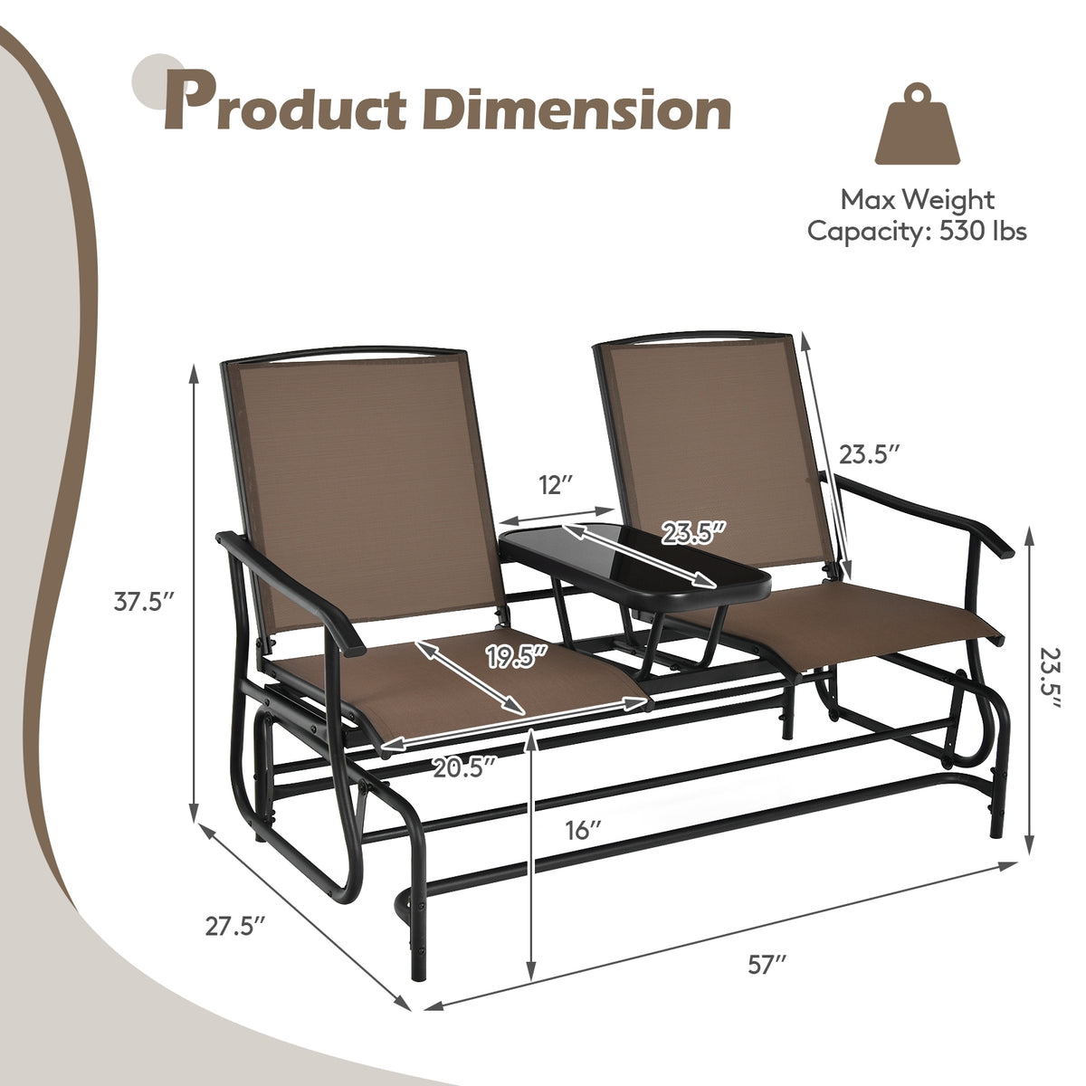 2-Person Double Rocking Loveseat with Mesh Fabric and Center Tempered