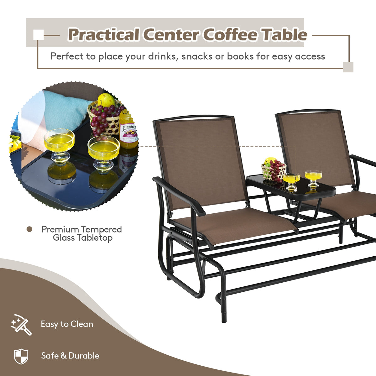 2-Person Double Rocking Loveseat with Mesh Fabric and Center Tempered