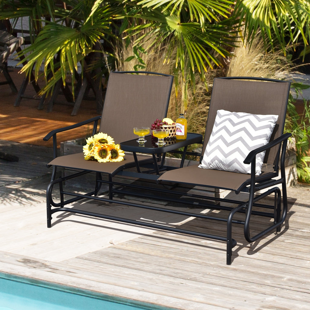 2-Person Double Rocking Loveseat with Mesh Fabric and Center Tempered