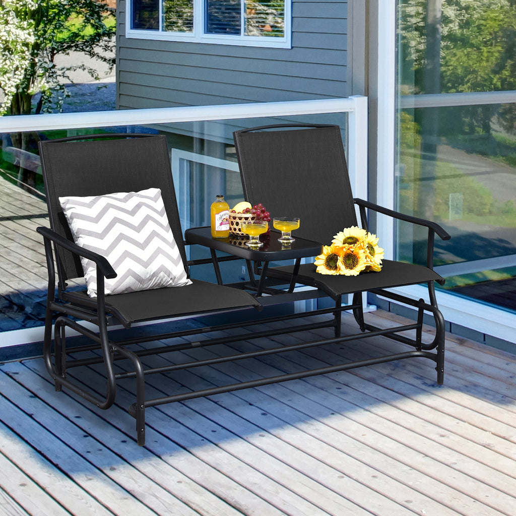 2-Person Double Rocking Loveseat with Mesh Fabric and Center Tempered