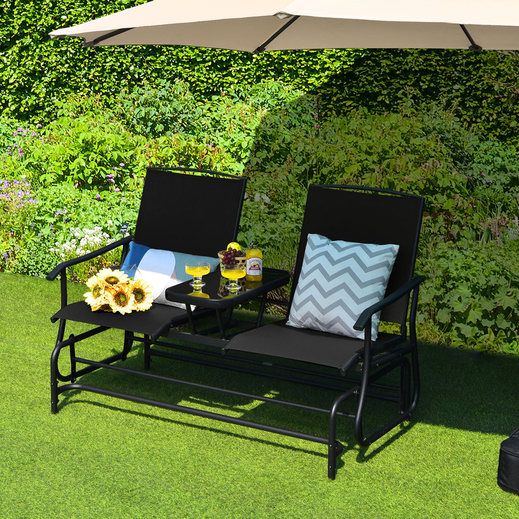 2-Person Double Rocking Loveseat with Mesh Fabric and Center Tempered